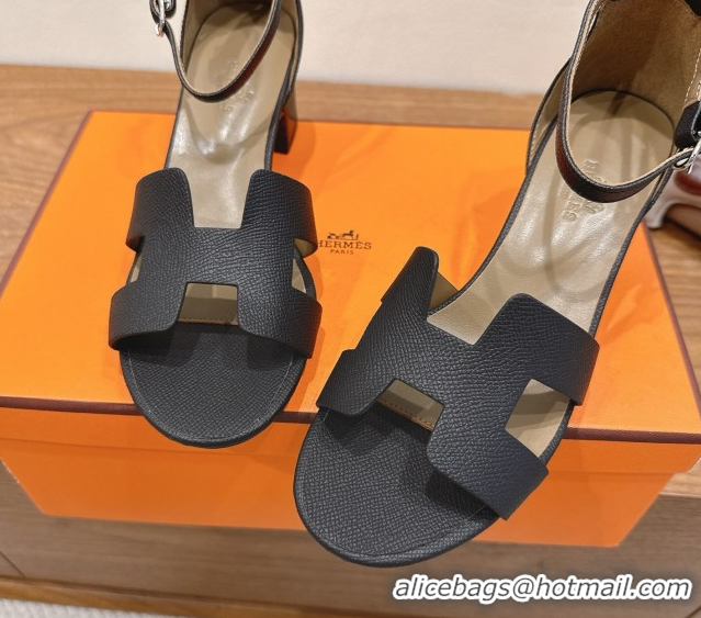 Perfect Hermes Encens Heel Sandals 5cm in Epsom Calfskin Black H082012 0820183
