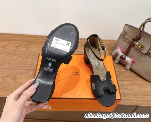 Perfect Hermes Encens Heel Sandals 5cm in Epsom Calfskin Black H082012 0820183