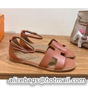Best Price Hermes Santorini Flat Sandals in Calfskin Leather Brown 2025 H082013 0820184