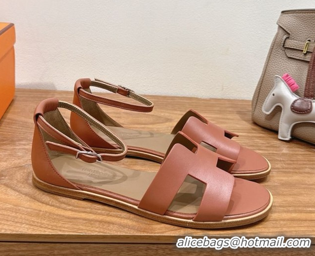 Best Price Hermes Santorini Flat Sandals in Calfskin Leather Brown 2025 H082013 0820184
