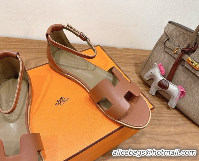 Best Price Hermes Santorini Flat Sandals in Calfskin Leather Brown 2025 H082013 0820184