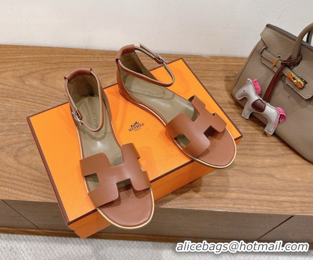 Best Price Hermes Santorini Flat Sandals in Calfskin Leather Brown 2025 H082013 0820184
