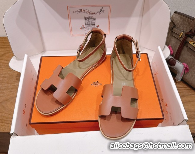Best Price Hermes Santorini Flat Sandals in Calfskin Leather Brown 2025 H082013 0820184