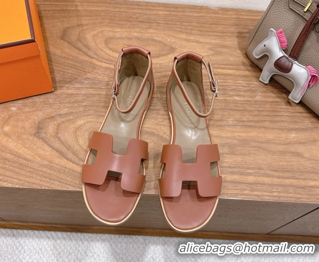 Best Price Hermes Santorini Flat Sandals in Calfskin Leather Brown 2025 H082013 0820184