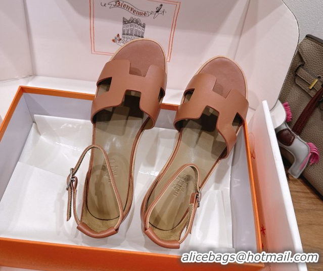 Best Price Hermes Santorini Flat Sandals in Calfskin Leather Brown 2025 H082013 0820184