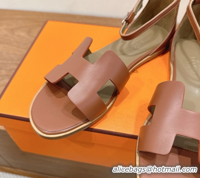Best Price Hermes Santorini Flat Sandals in Calfskin Leather Brown 2025 H082013 0820184