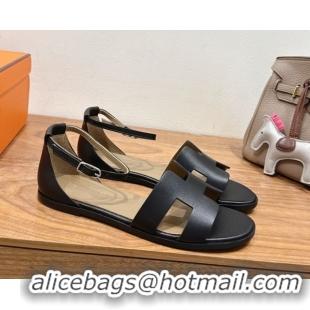 Good Product Hermes Santorini Flat Sandals in Calfskin Leather Black H082013 0820185