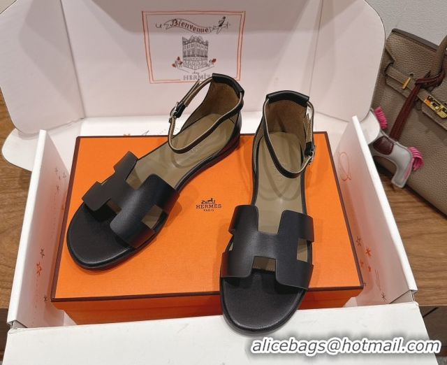 Good Product Hermes Santorini Flat Sandals in Calfskin Leather Black H082013 0820185