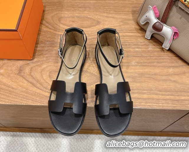 Good Product Hermes Santorini Flat Sandals in Calfskin Leather Black H082013 0820185