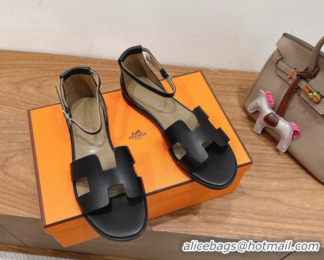 Good Product Hermes Santorini Flat Sandals in Calfskin Leather Black H082013 0820185