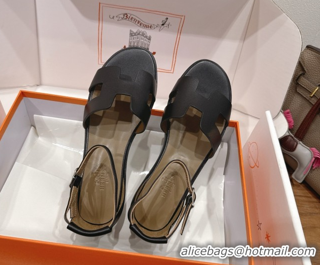 Good Product Hermes Santorini Flat Sandals in Calfskin Leather Black H082013 0820185