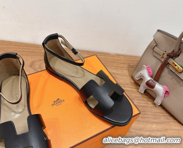 Good Product Hermes Santorini Flat Sandals in Calfskin Leather Black H082013 0820185