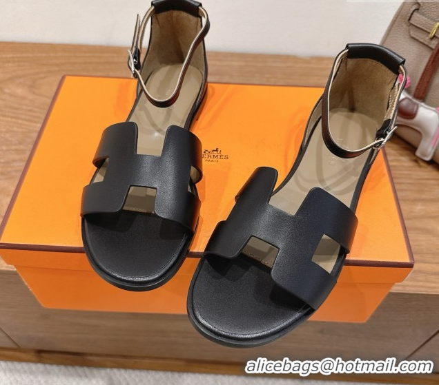 Good Product Hermes Santorini Flat Sandals in Calfskin Leather Black H082013 0820185