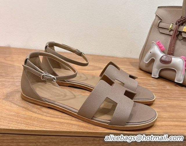 Classic Practical Hermes Santorini Flat Sandals in Epsom Calfskin Grey H082013 0820186