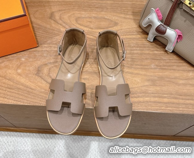 Classic Practical Hermes Santorini Flat Sandals in Epsom Calfskin Grey H082013 0820186