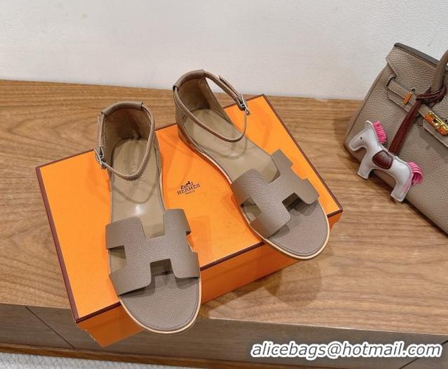 Classic Practical Hermes Santorini Flat Sandals in Epsom Calfskin Grey H082013 0820186