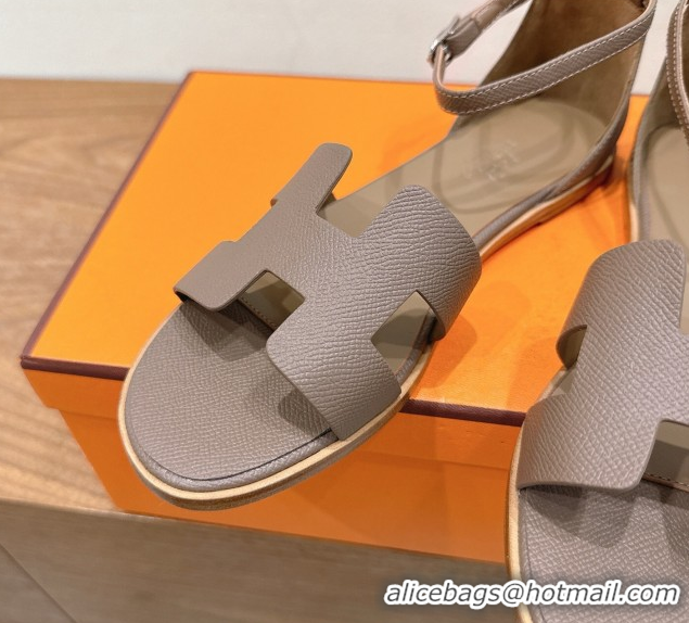 Classic Practical Hermes Santorini Flat Sandals in Epsom Calfskin Grey H082013 0820186