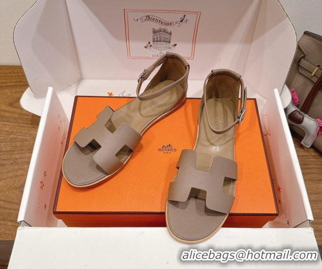 Classic Practical Hermes Santorini Flat Sandals in Epsom Calfskin Grey H082013 0820186