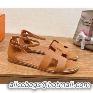 Low Price Hermes Santorini Flat Sandals in Epsom Calfskin Brown H082013 0820187