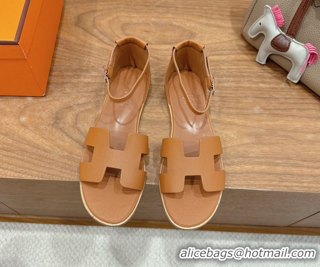 Low Price Hermes Santorini Flat Sandals in Epsom Calfskin Brown H082013 0820187