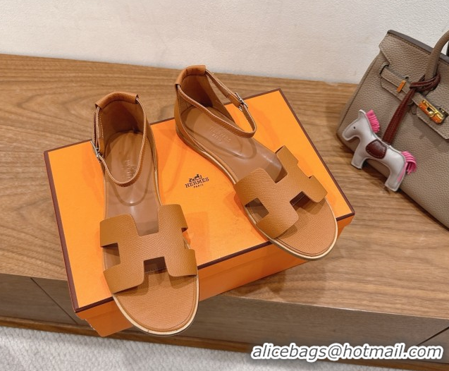 Low Price Hermes Santorini Flat Sandals in Epsom Calfskin Brown H082013 0820187