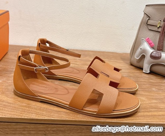 Low Price Hermes Santorini Flat Sandals in Epsom Calfskin Brown H082013 0820187