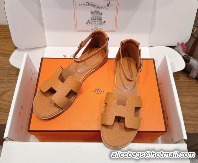 Low Price Hermes Santorini Flat Sandals in Epsom Calfskin Brown H082013 0820187