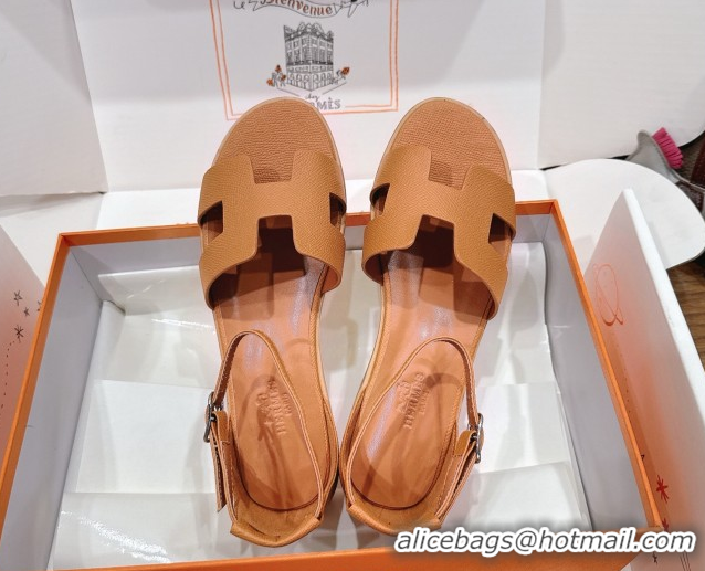 Low Price Hermes Santorini Flat Sandals in Epsom Calfskin Brown H082013 0820187
