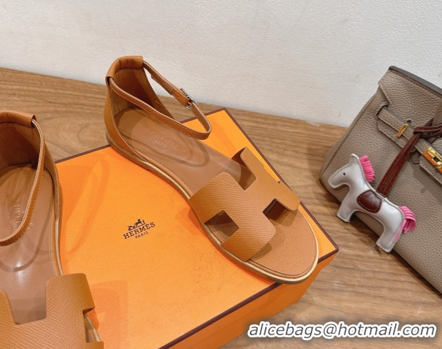Low Price Hermes Santorini Flat Sandals in Epsom Calfskin Brown H082013 0820187