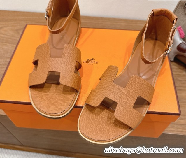 Low Price Hermes Santorini Flat Sandals in Epsom Calfskin Brown H082013 0820187