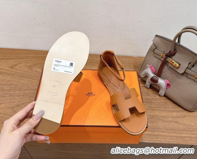 Low Price Hermes Santorini Flat Sandals in Epsom Calfskin Brown H082013 0820187