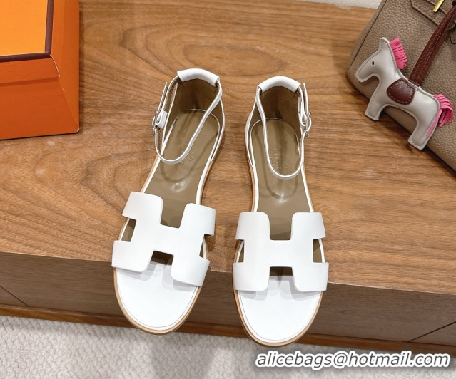 Low Cost Hermes Santorini Flat Sandals in Calfskin Leather White H082013 0820188
