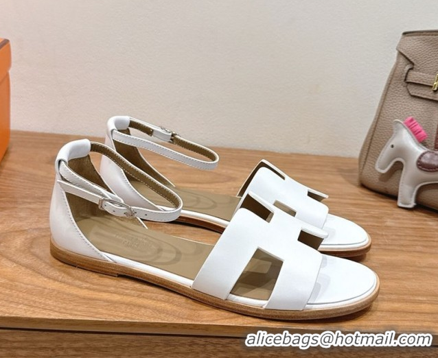 Low Cost Hermes Santorini Flat Sandals in Calfskin Leather White H082013 0820188