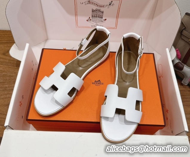 Low Cost Hermes Santorini Flat Sandals in Calfskin Leather White H082013 0820188