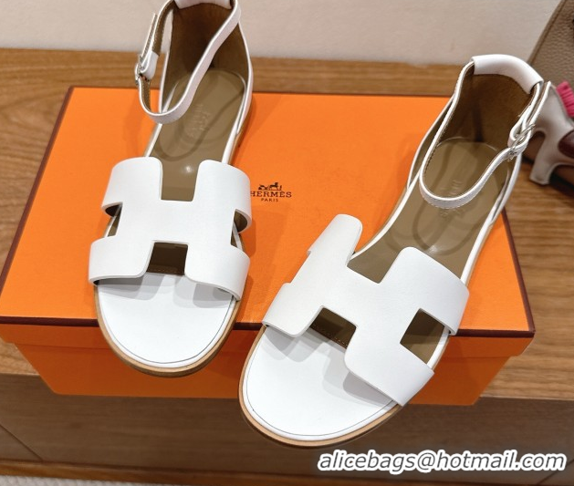 Low Cost Hermes Santorini Flat Sandals in Calfskin Leather White H082013 0820188