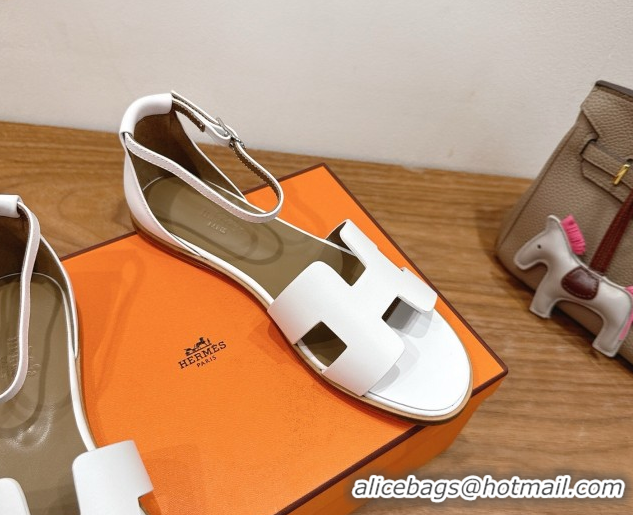 Low Cost Hermes Santorini Flat Sandals in Calfskin Leather White H082013 0820188