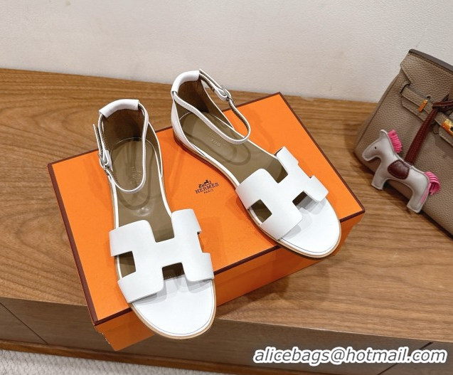 Low Cost Hermes Santorini Flat Sandals in Calfskin Leather White H082013 0820188