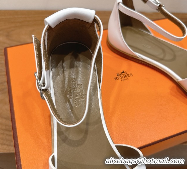 Low Cost Hermes Santorini Flat Sandals in Calfskin Leather White H082013 0820188