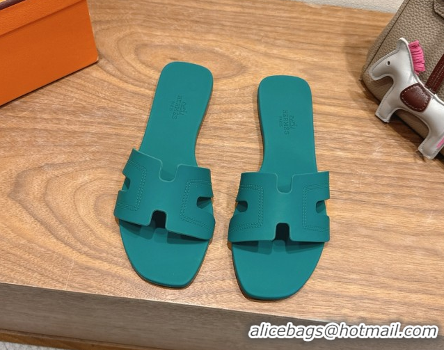 Super Quality Hermes Oran Classic Flat Slides Sandal in Stitching Rubber Green 0820189