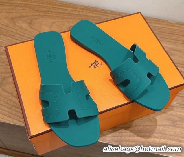 Super Quality Hermes Oran Classic Flat Slides Sandal in Stitching Rubber Green 0820189