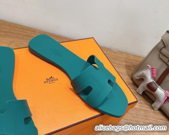 Super Quality Hermes Oran Classic Flat Slides Sandal in Stitching Rubber Green 0820189