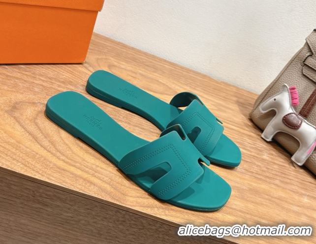 Super Quality Hermes Oran Classic Flat Slides Sandal in Stitching Rubber Green 0820189