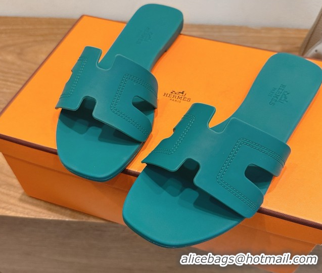 Super Quality Hermes Oran Classic Flat Slides Sandal in Stitching Rubber Green 0820189