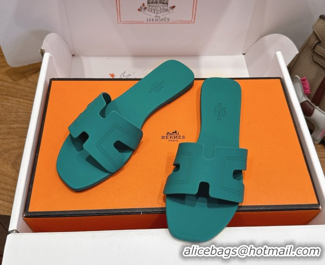 Super Quality Hermes Oran Classic Flat Slides Sandal in Stitching Rubber Green 0820189