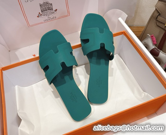 Super Quality Hermes Oran Classic Flat Slides Sandal in Stitching Rubber Green 0820189