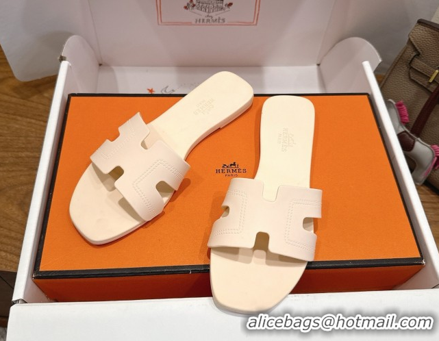 Good Quality Hermes Oran Classic Flat Slides Sandal in Stitching Rubber Light Nude 0820190