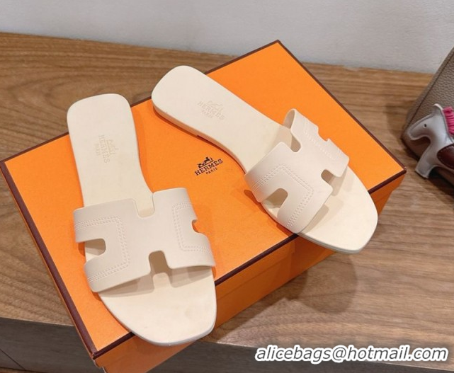 Good Quality Hermes Oran Classic Flat Slides Sandal in Stitching Rubber Light Nude 0820190