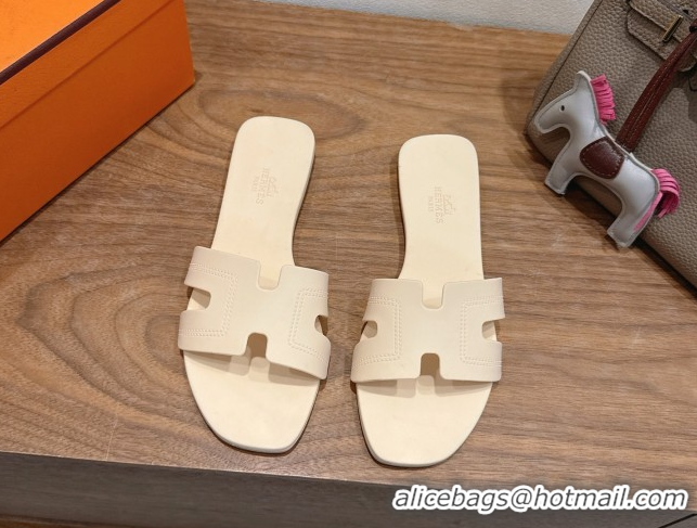 Good Quality Hermes Oran Classic Flat Slides Sandal in Stitching Rubber Light Nude 0820190