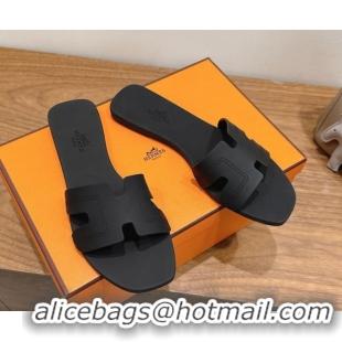 Best Luxury Hermes Oran Classic Flat Slides Sandal in Stitching Rubber Black 0820191