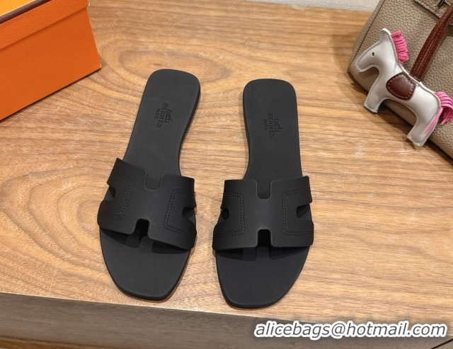 Best Luxury Hermes Oran Classic Flat Slides Sandal in Stitching Rubber Black 0820191